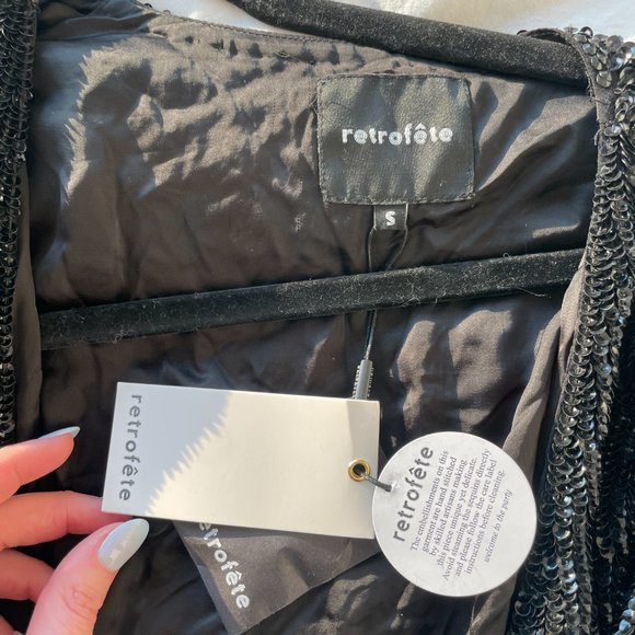 Retrofete Audrey Robe Dress Shiny Black Blue Sequins Wrap Style Midi Dress - Picture 4 of 16